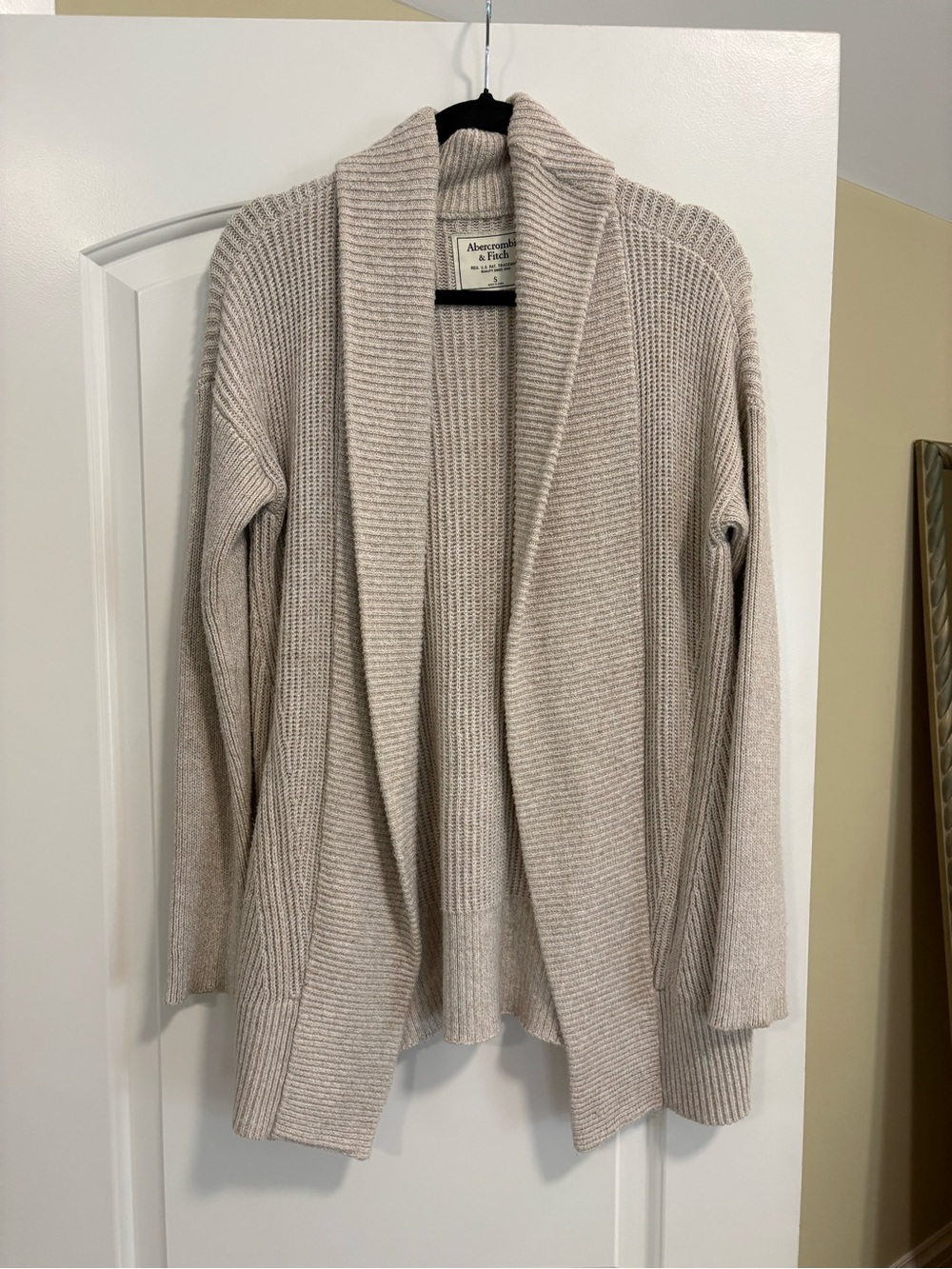 Abercrombie & Fitch Cream Ribbed Open-Front Shawl Collar Cardigan